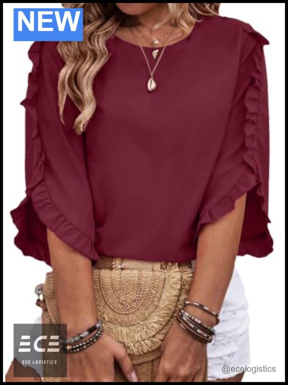 Plus Size Dressy Casual Blouse 3/4 Sleeve Ruffle Trim Crewneck Top